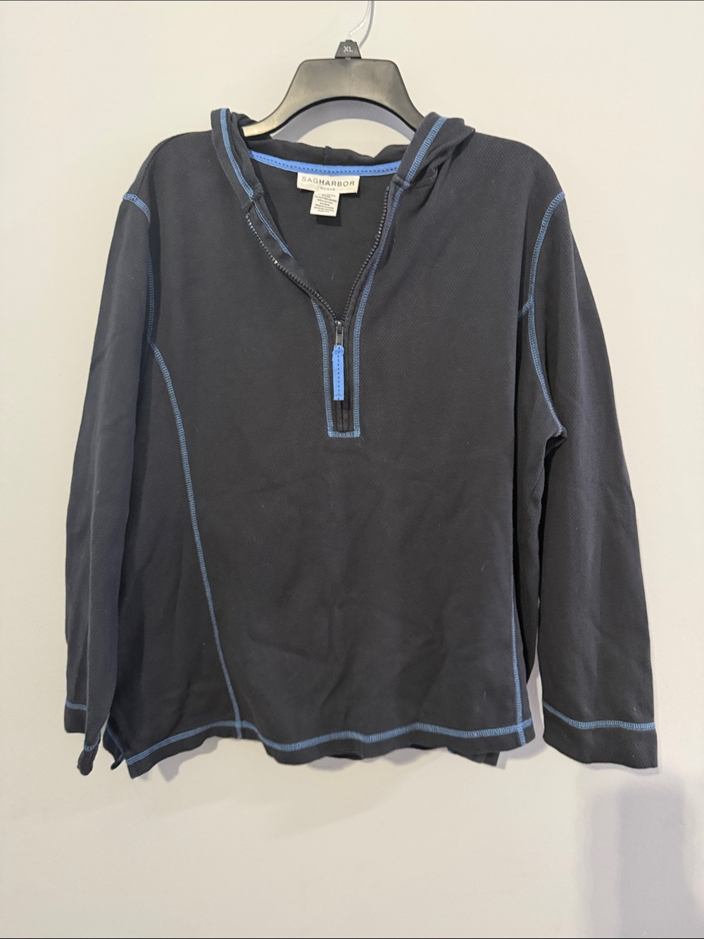 Sag Harbor Navy Zip-Up Hooded Pullover with Light Blue Stitching